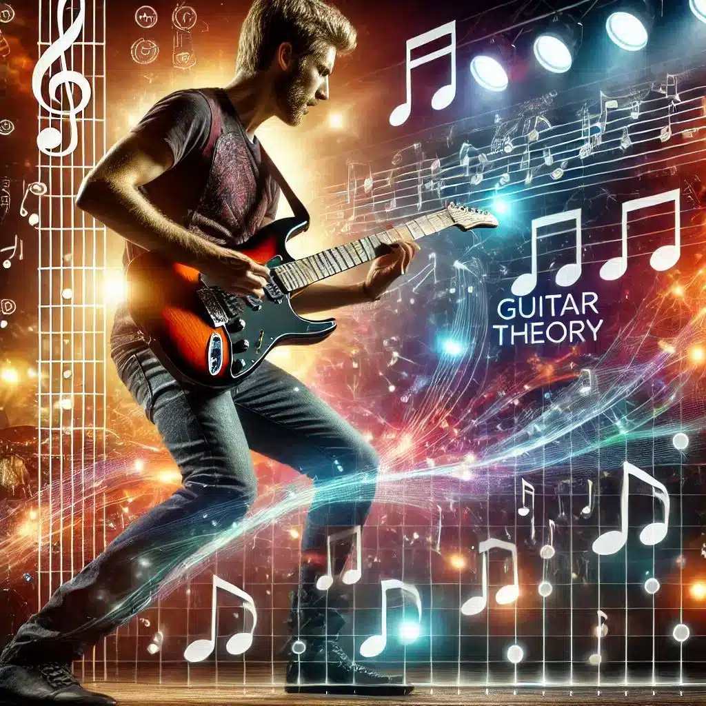 A man energetically playing an electric guitar, surrounded by floating musical notes and vibrant lights. A musical staff and the words Guitar Theory are visible in the background, adding a dynamic, artistic feel.