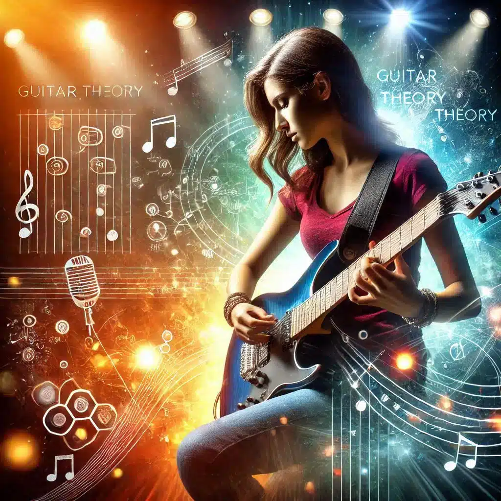 A woman in a red shirt plays an electric guitar amidst a backdrop of colorful lights and musical notes. The image features the words Guitar Theory and includes various musical symbols and graphics, conveying a sense of musical creativity.