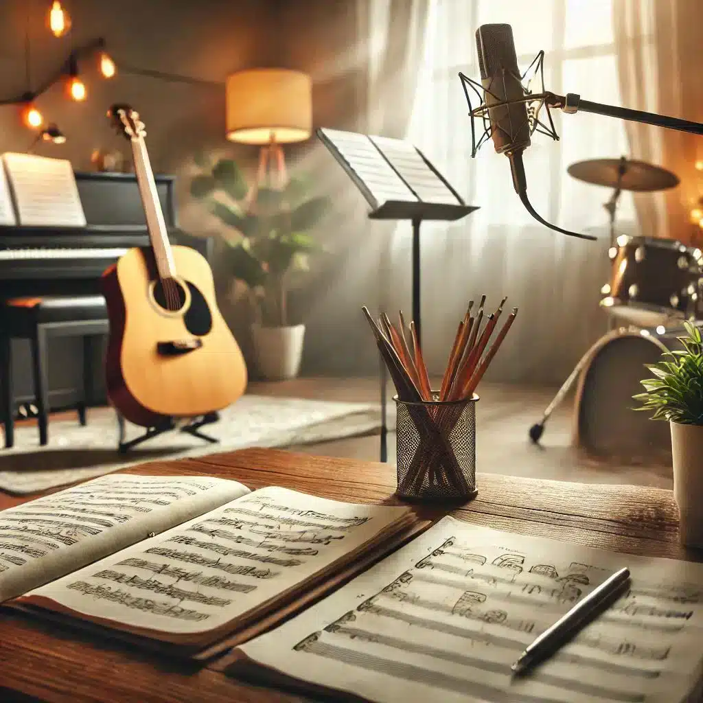 A cozy music studio with sheet music on a wooden desk, a pencil-filled holder, and a pen. In the background, theres an acoustic guitar, a piano, a microphone, a music stand with sheets, and a drum set near a warmly lit lamp.