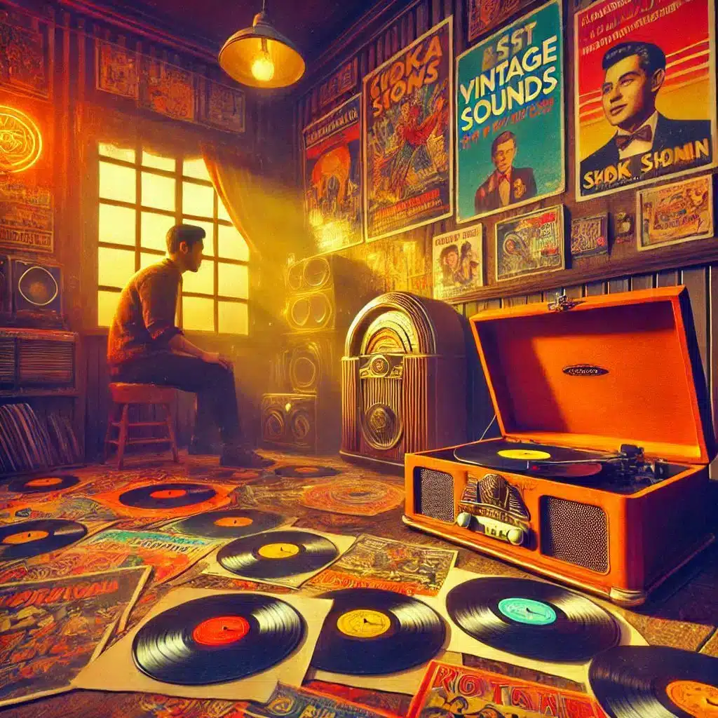 A man sits in a dimly lit, vintage music room filled with vinyl records and posters. A record player and jukebox are nearby. Warm, nostalgic lighting fills the scene, highlighting the retro decor and atmosphere.