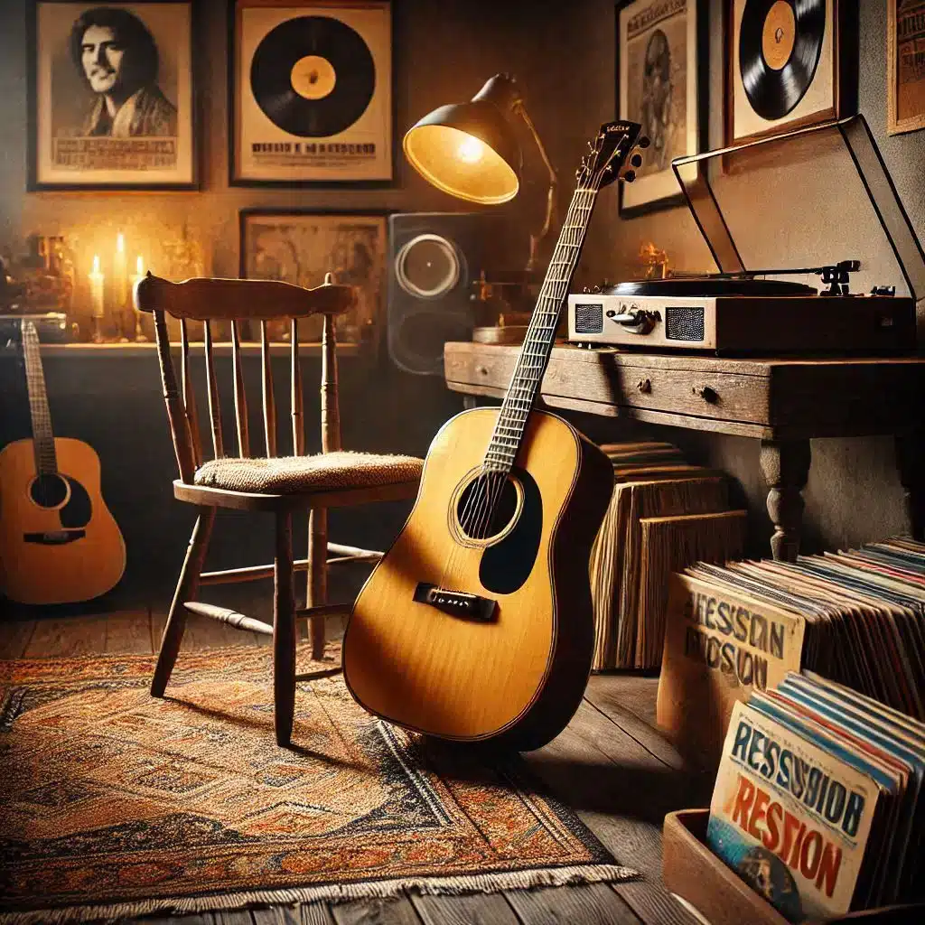 A cozy vintage music room features a wooden chair, an acoustic guitar leaning against it, and a record player on a desk. Vinyl records and music posters adorn the room, illuminated by warm, soft lighting and candlelight.