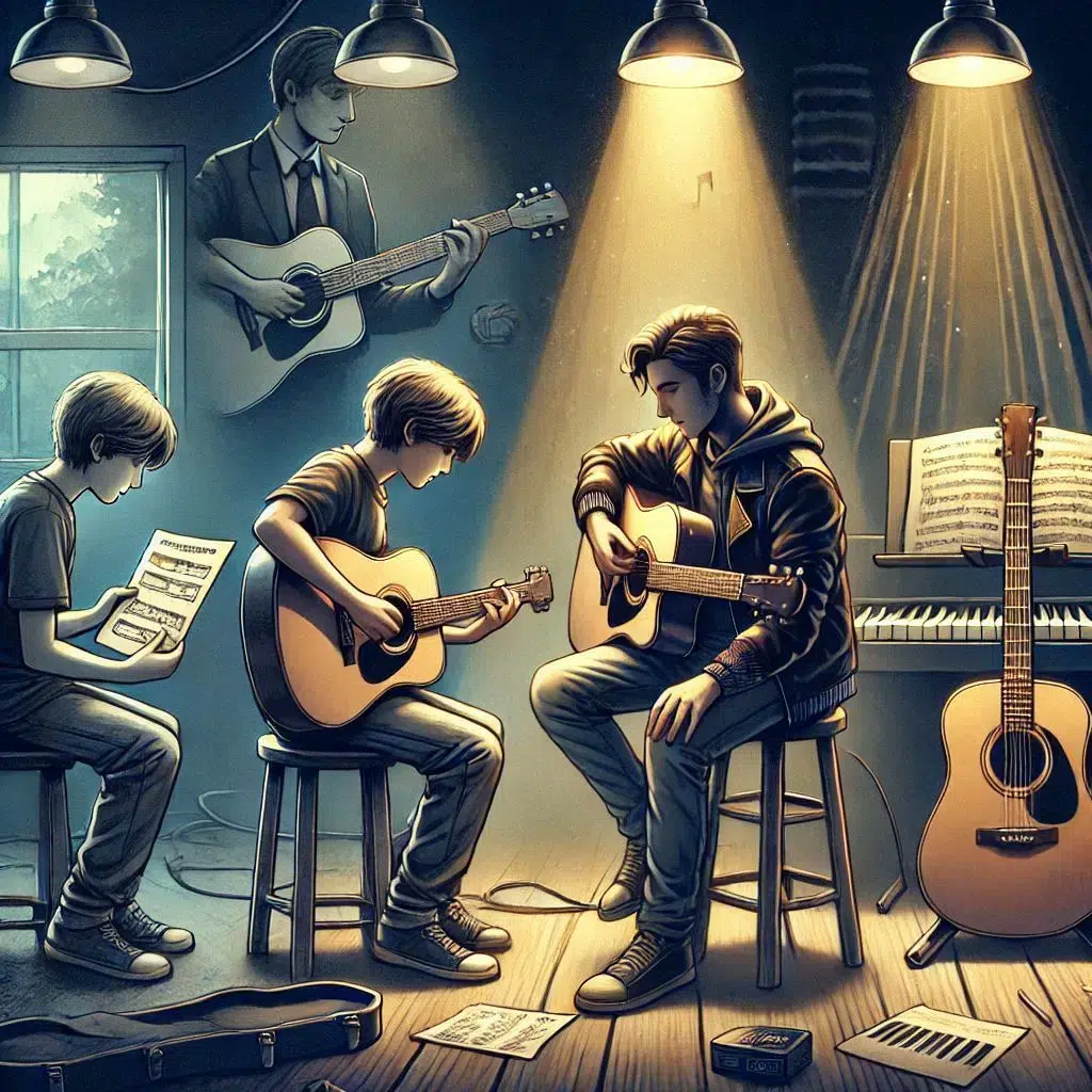 A group of young boys playing guitars in a dimly lit room. One reads sheet music, another strums alongside, while a third plays under a spotlight. A piano and a guitar lean against the wall. An adult with a guitar is depicted in a framed picture.