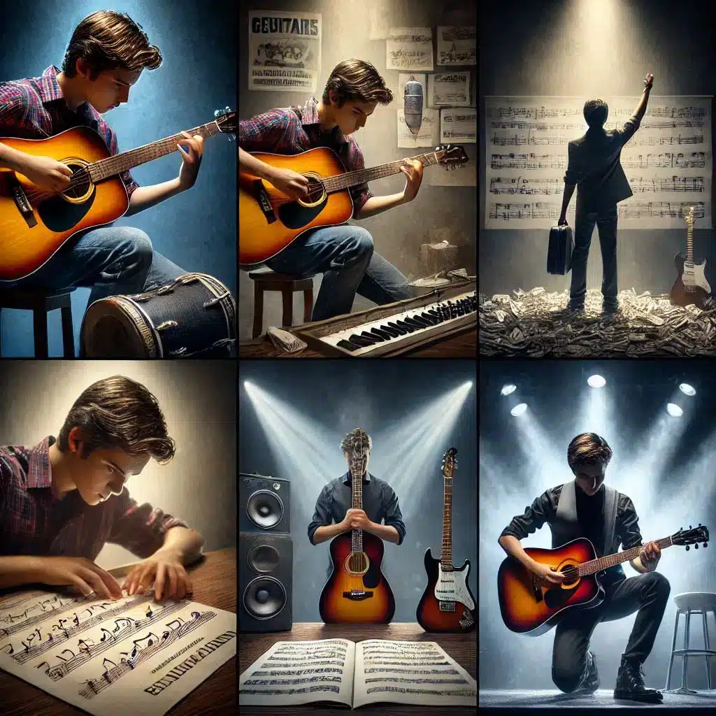 Collage of six images showing a young musician with a guitar and musical notes. Scenes include playing guitar, studying sheet music, standing with raised hand on stage, and posing with instruments, each under dramatic lighting.