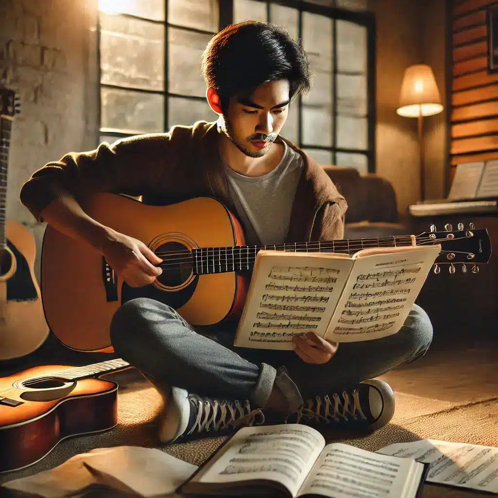 A person sits on the floor in a cozy room, playing a guitar while reading sheet music. The space is warmly lit, with guitars, an open music book, and soft evening light filtering through a window.