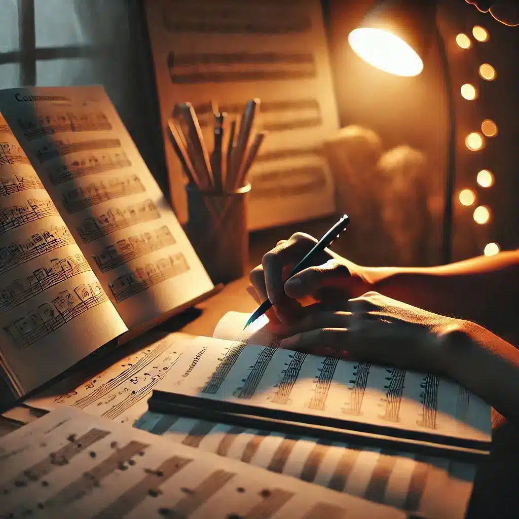 A person writes notes on sheet music at a dimly lit desk. The scene is illuminated by a warm lamp, with open music sheets and pencils scattered around. A backdrop of softly glowing string lights adds to the cozy atmosphere.