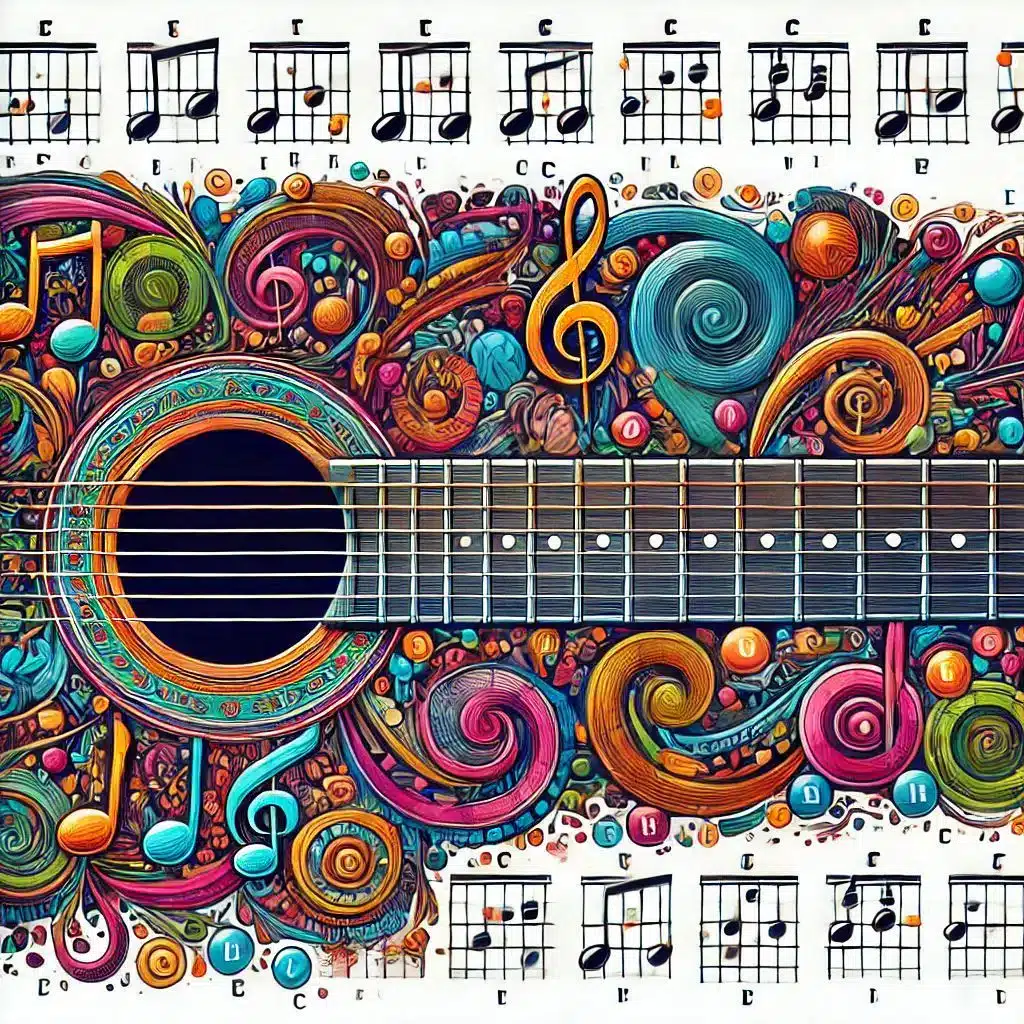 A colorful, abstract illustration of a guitar surrounded by swirling musical elements and notes. The guitars body is decorative and vibrant, with musical notes and symbols scattered around it, creating a dynamic and artistic scene.