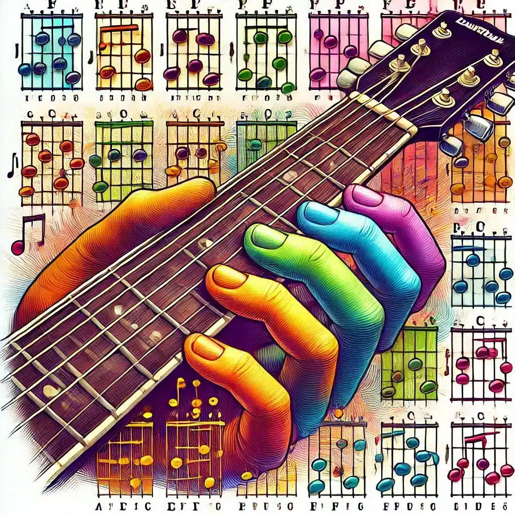 A vibrant and colorful illustration of hands playing guitar chords. Each finger is painted a different color. Music notes and chord diagrams are in the background. The guitar is positioned diagonally across the image.