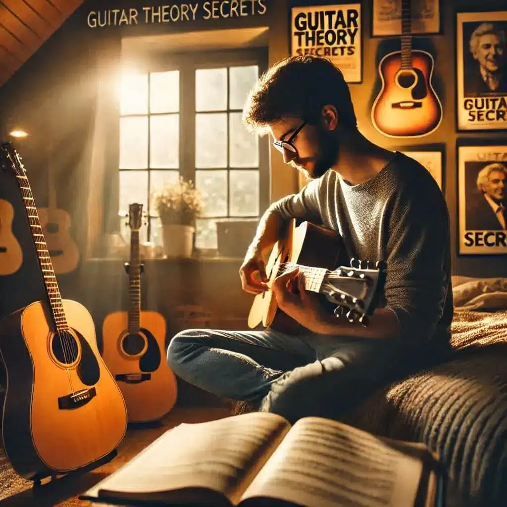 A person sits on a bed playing an acoustic guitar in a warmly lit room. Guitars and posters decorate the walls, and a large open book lies nearby. Sunlight streams through a window, creating a cozy atmosphere.