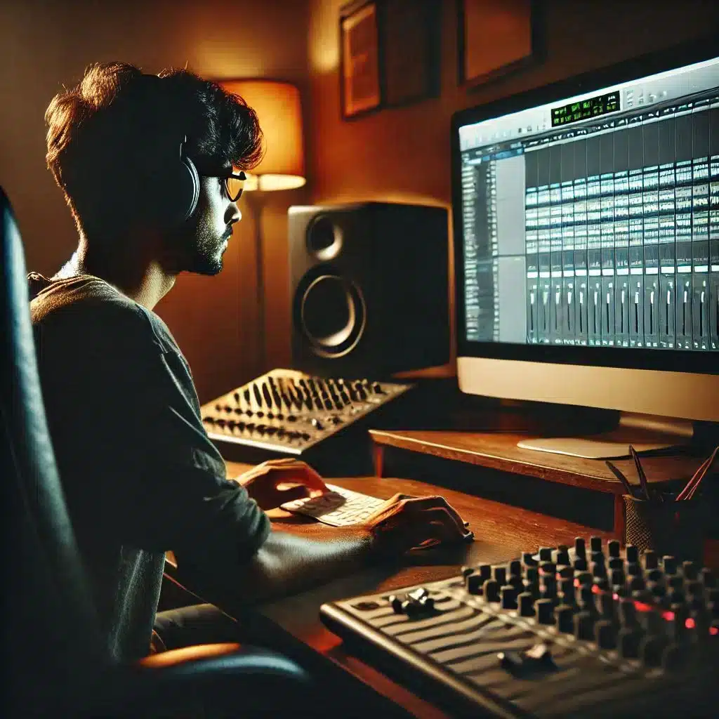 Person wearing headphones sitting at a desk, using a computer with audio editing software. The room is dimly lit with a lamp, and audio equipment is visible, including speakers and a mixing console. The person appears focused on their work.