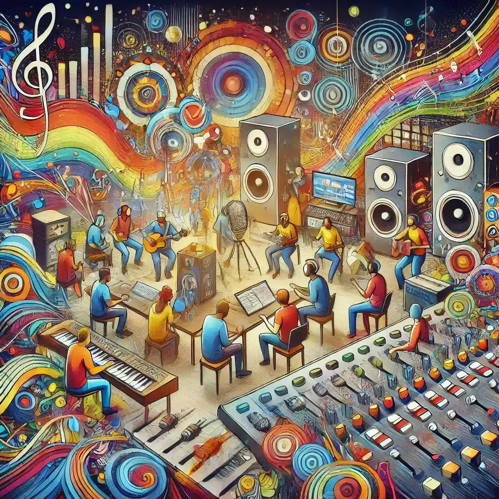 A colorful, abstract illustration of a music production scene. Musicians play various instruments around a microphone, with vibrant swirls, music notes, and sound waves. Large speakers and a mixing console frame the lively composition.