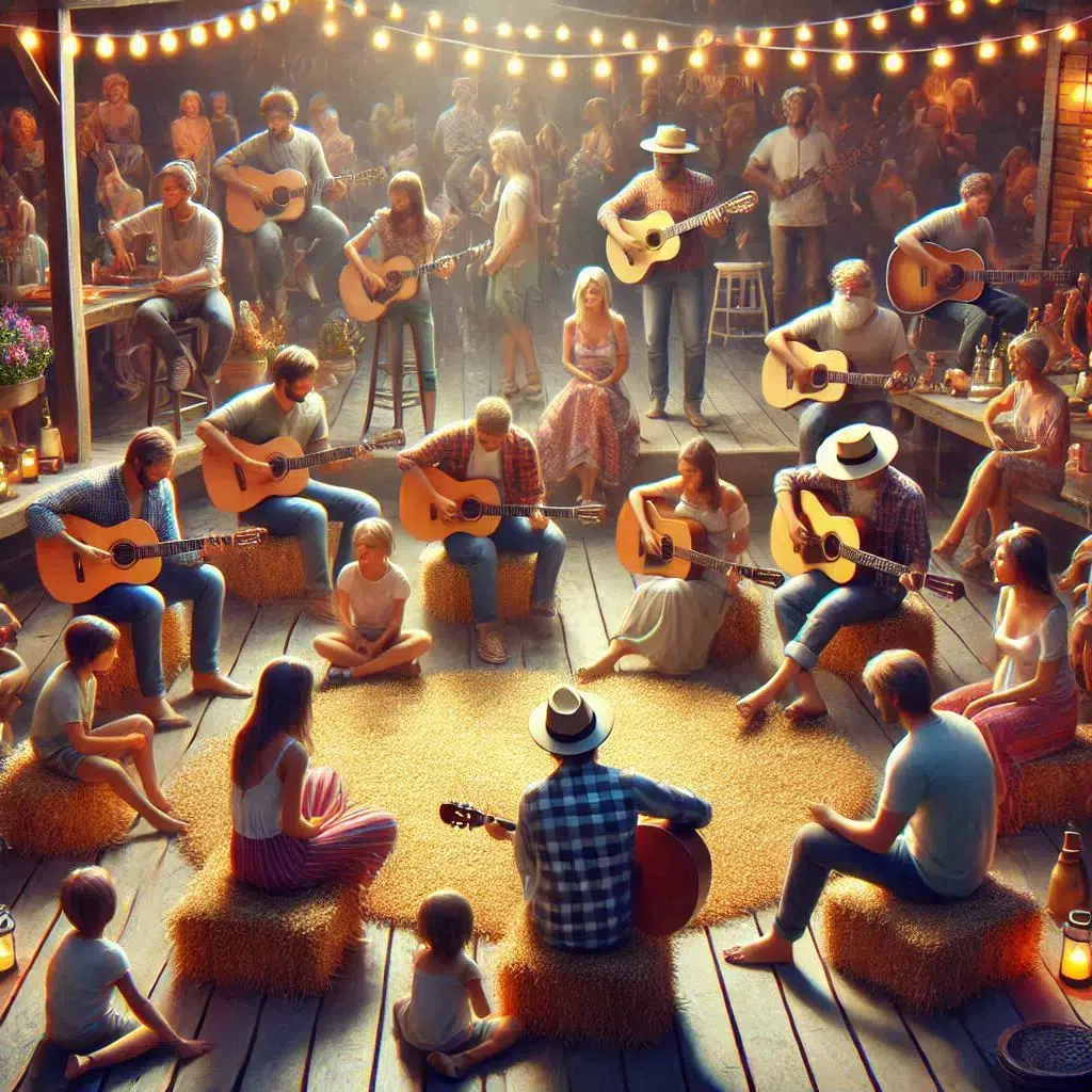 A lively gathering with people of all ages playing guitars and sitting on hay bales, arranged in a circle. String lights illuminate the scene, and a crowd in the background enjoys the communal atmosphere.