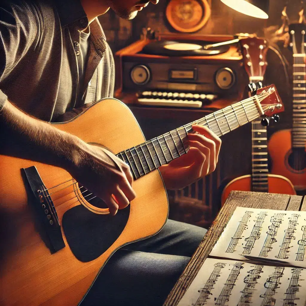 A person playing an acoustic guitar in a dimly lit room filled with musical instruments. Sheet music is spread on a wooden table, and a vintage record player adds to the cozy, artistic atmosphere.