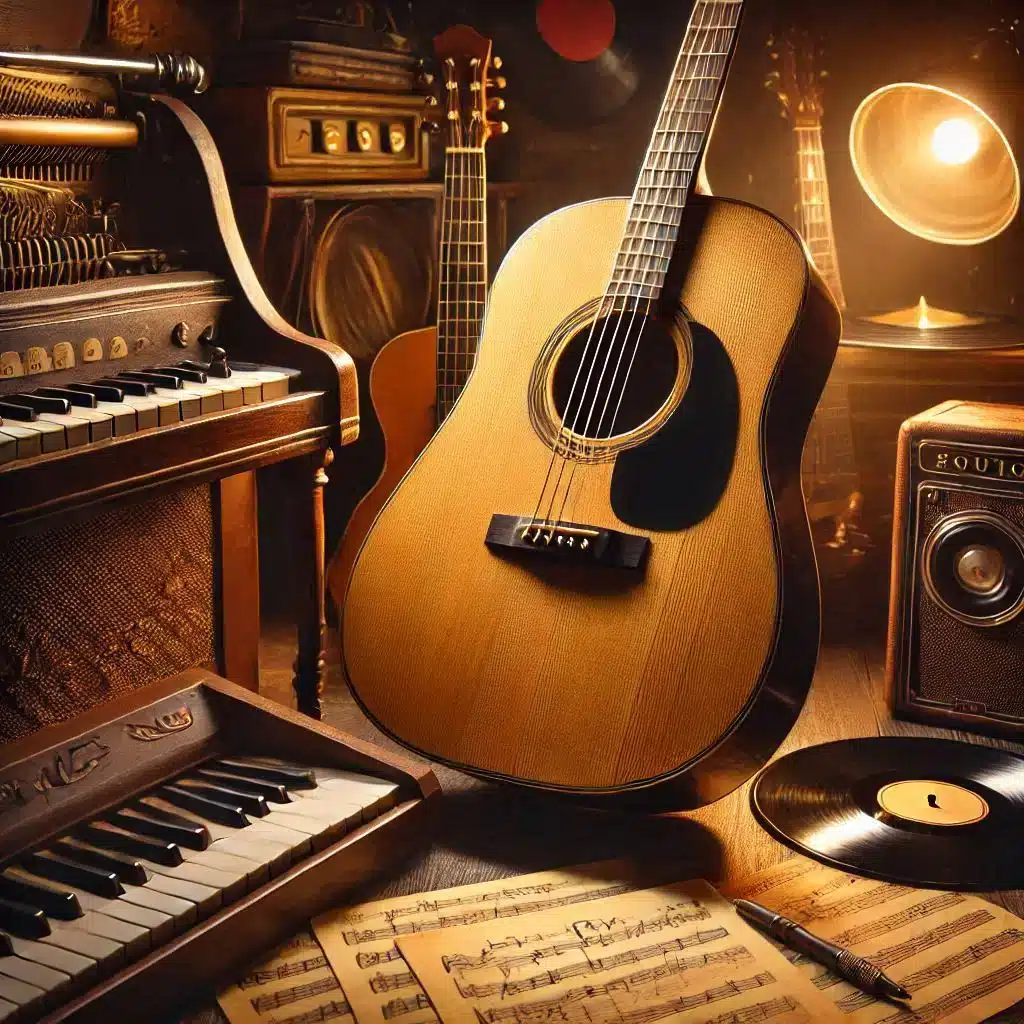 A warm, vintage-themed music room featuring an acoustic guitar, old gramophone, vinyl record, sheet music, a keyboard, and an amp. Dim lighting and rustic decor create a nostalgic atmosphere.