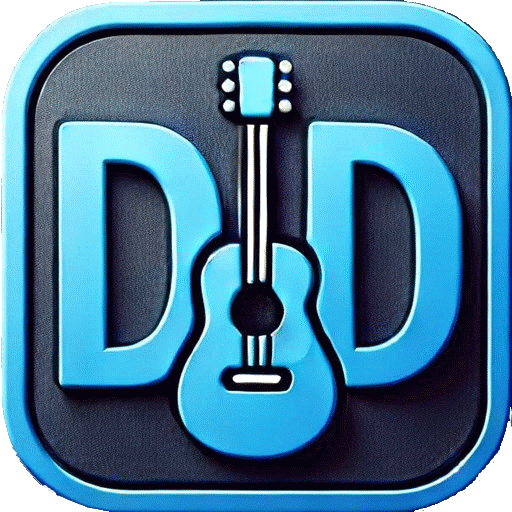 A stylized blue guitar icon positioned between the letters D and D on a black and blue background, creating a logo-like design.