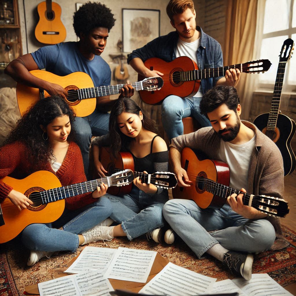 A group of five people sitting on the floor in a cozy room, each playing acoustic guitars. Sheet music is scattered on the carpet. Guitars hang on the wall in the background, and the room has warm lighting.