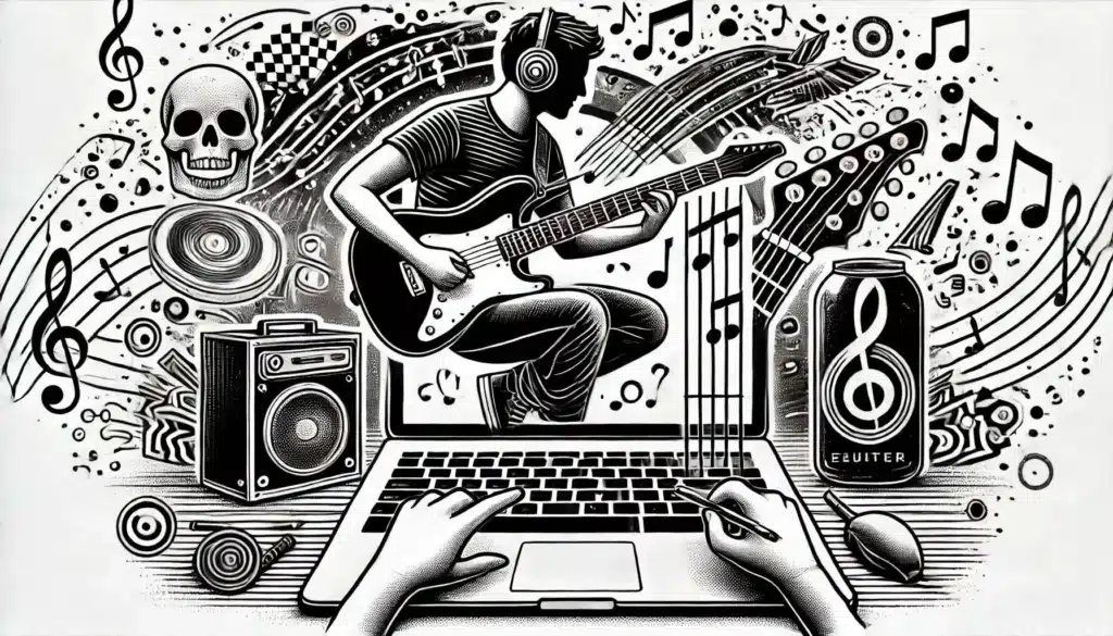 Black and white illustration of a person wearing headphones, playing an electric guitar, surrounded by abstract musical elements. Hands type on a laptop, with musical notes and instruments around, creating a dynamic, creative atmosphere.