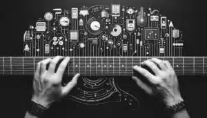 Hands playing a guitar with a complex design of electronic and musical symbols, circuits, and devices extending from the fretboard. The intricate pattern includes gears, notes, and digital icons, symbolizing the intersection of music and technology.