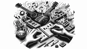 Black and white illustration of a desk with various musical instruments, like guitars and keyboards, surrounding a person solving a crossword. Musical notes and a vintage microphone add to the creative scene.