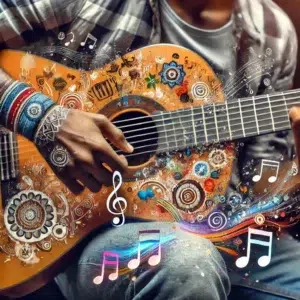 A person playing an acoustic guitar adorned with colorful, intricate designs. Musical notes and vibrant swirls emanate from the guitar, creating a lively, artistic atmosphere. The person wears a plaid shirt and colorful wristbands.