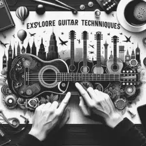 A grayscale illustration showing hands playing a guitar, surrounded by city skylines, flowers, and flying birds. The text Explore Guitar Techniques appears at the top. A cup of coffee and various tools lie around the scene.