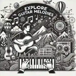 A black and white illustration of a person playing an acoustic guitar surrounded by musical symbols, hot air balloons, and mountains. A hand is playing a keyboard in the foreground. The text Explore Guitar Melodies is at the top.