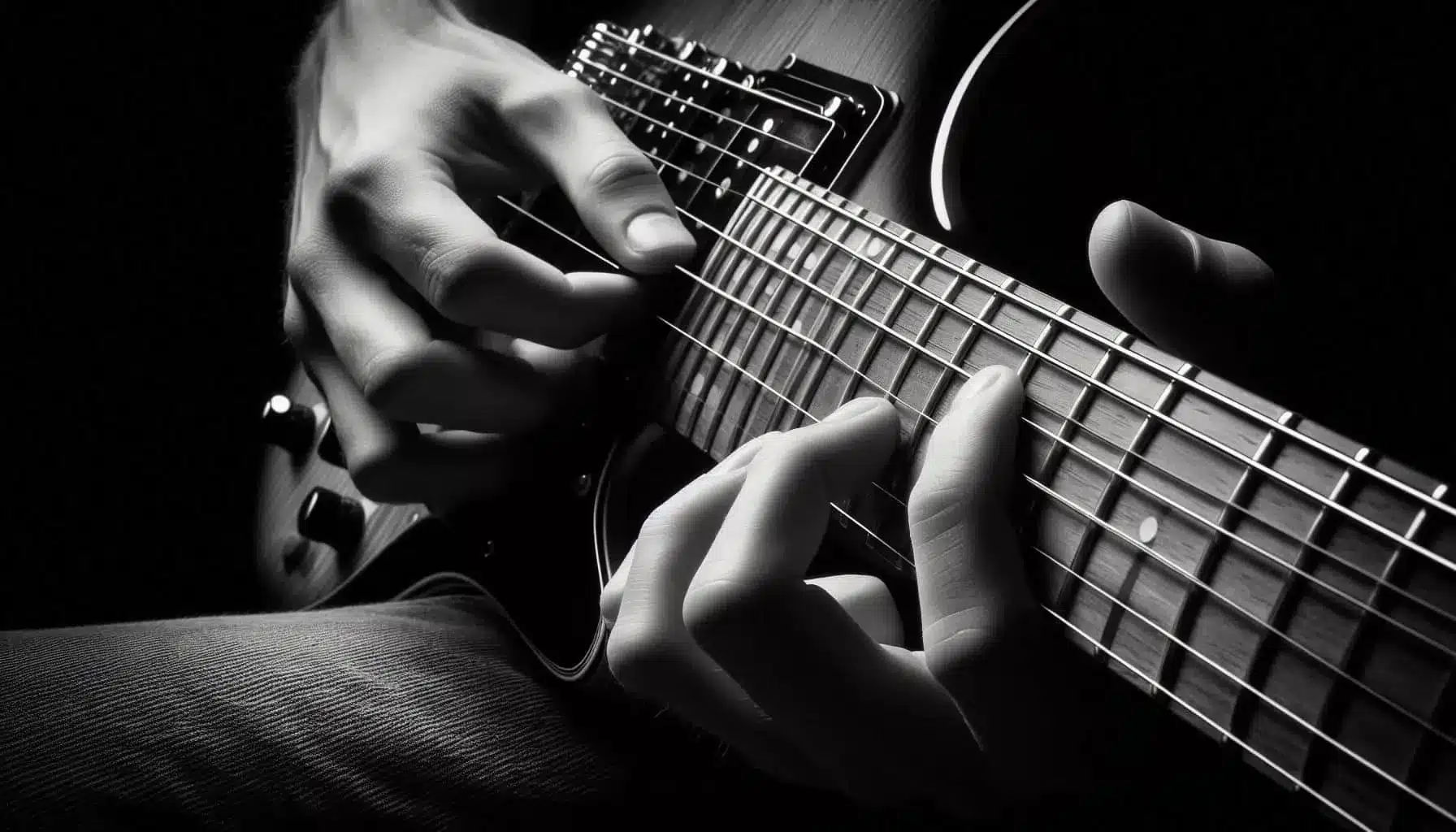 Close-up black and white photo of hands playing an electric guitar. Fingers press down on the fretboard and strum the strings. The image focuses on the intricate details of the musicians technique.