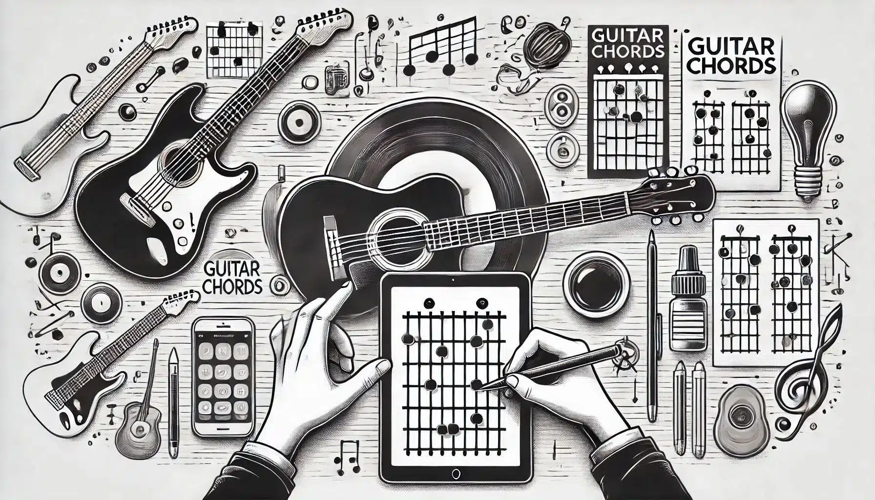 A detailed illustration shows hands sketching guitar chords on a tablet, with an acoustic and electric guitar, guitar picks, coffee, music notes, and chord charts scattered around on a wooden surface.