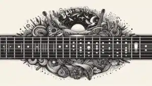 Black and white illustration of a guitar fretboard surrounded by an intricate, swirling design featuring musical instruments, notes, stars, flowers, and abstract patterns, creating a whimsical and musical atmosphere.