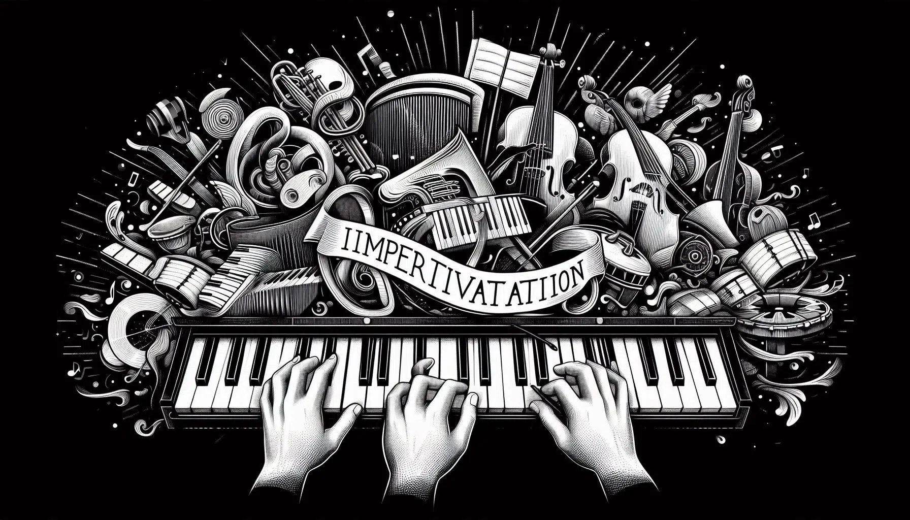 Hands playing a piano with a whimsical, monochrome explosion of musical instruments and notes in the background. A ribbon with the text IMPERITAVITATION is draped among the instruments.