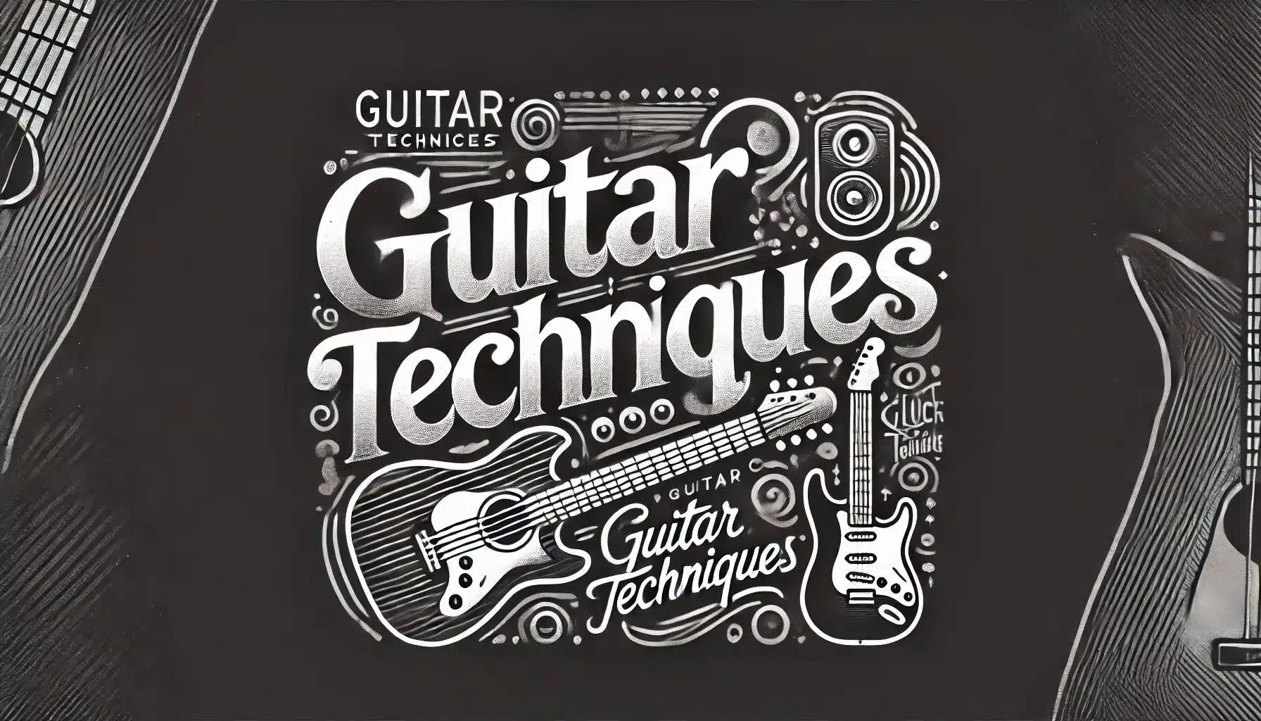 A decorative graphic featuring the text Guitar Techniques surrounded by illustrations of guitars, an amplifier, and musical notes on a dark background.