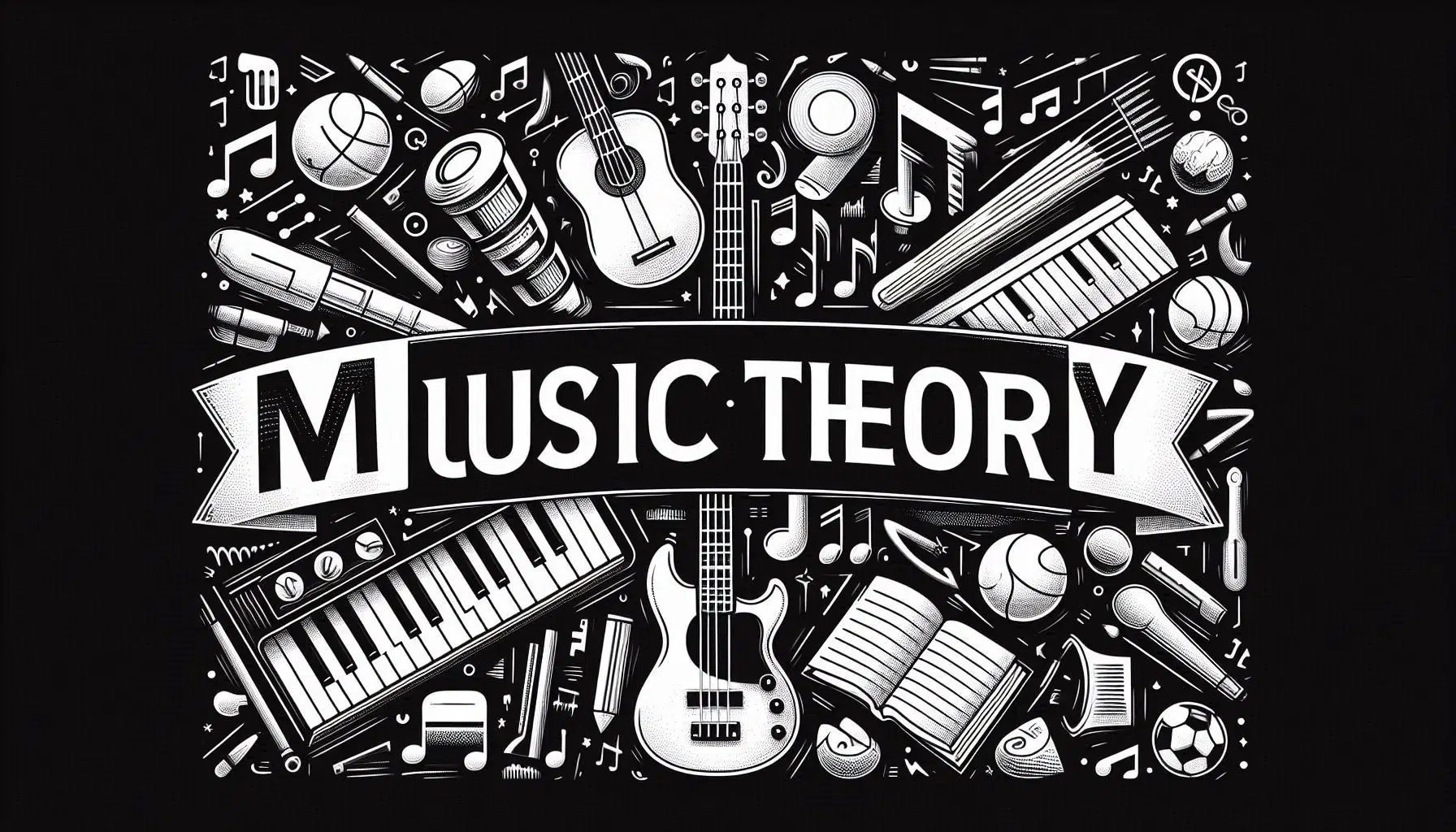 Black and white illustration featuring musical instruments like guitars, keyboards, and drums, with sports equipment and books intertwined. The words Music Theory are prominently displayed in bold letters at the center.