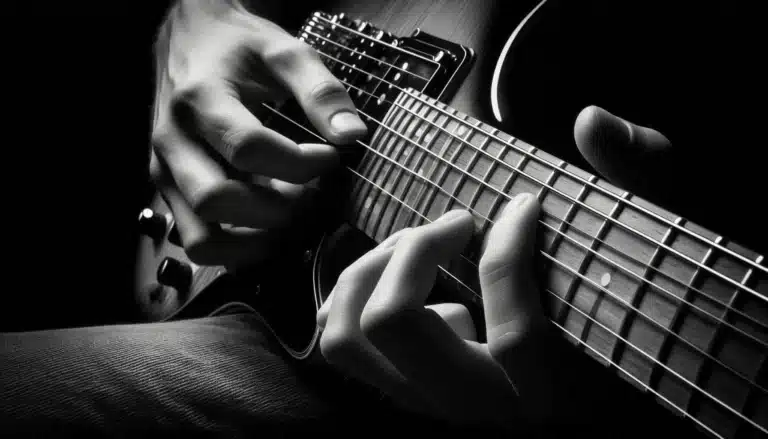 Close-up of hands playing an electric guitar in black and white, showing fingers on strings and fretboard.