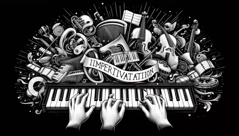 Hands playing piano keys with musical instruments surrounding and a banner saying IMPERITAVITATION.