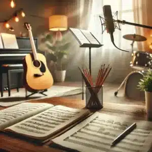 Cozy music studio with piano, guitar, drums, microphone, and music sheets on a desk. Warm lighting and decor.