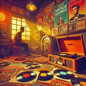 A person sitting in a retro room with vinyl records, posters, and a vintage turntable under warm lighting.