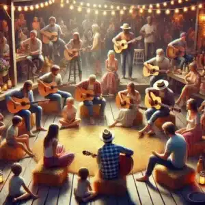 People playing guitars in a cozy, rustic setting with string lights and hay bales, surrounded by a seated crowd.