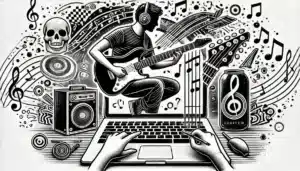 Illustration of a musician playing guitar with headphones, surrounded by musical symbols and digital elements.