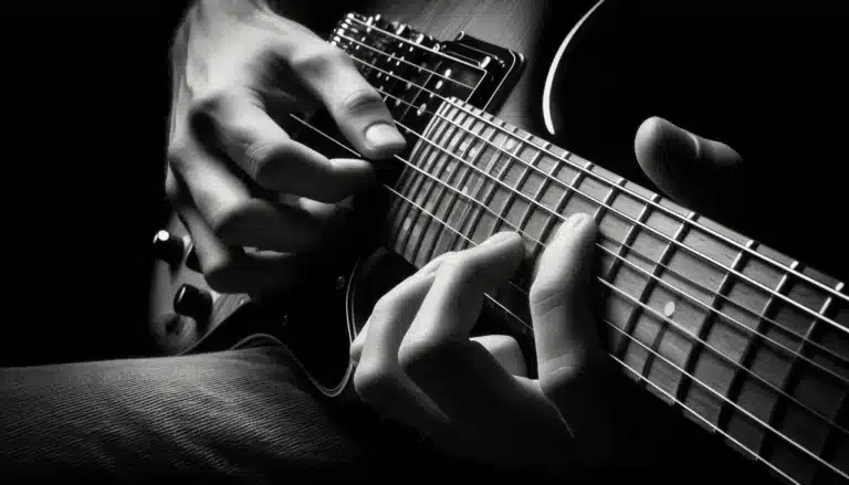 Close-up of hands playing an electric guitar in black and white.