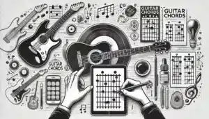 Illustration of guitars, guitar chords, and musical notes surrounding hands drawing on a tablet.