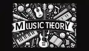 Illustration of musical instruments and sports items with the words Music Theory in the center.