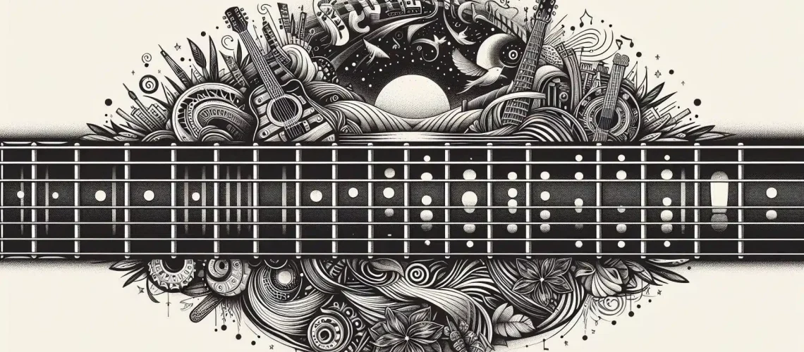 Intricate black and white drawing of guitar fretboard with musical and nature-themed designs around it.